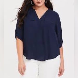 Torrid Navy Blue Pullover Chiffon Harper Roll Tab Sleeve V-Neck Blouse